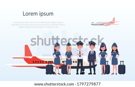 Group of pilots and flight attendants, air hostess. Flat design people characters.