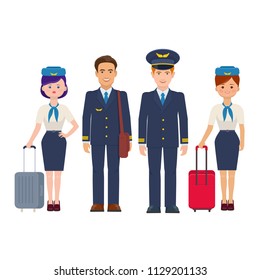 Group Of Pilots And Flight Attendants With Luggage On White Background. The Flight Crew Of Commercial Aircraft. Vector Illustration
