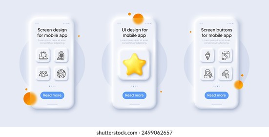 Gruppe, Pin und Feuchtigkeitscreme Linie Icons Pack. 3D-Handy-Modelle mit Stern. Smartphone-Bildschirm aus Glas. Kapselpille, Eiscreme, Passport-Warnwebsymbol. Erinnerung, Schraubenschlüssel-Piktogramm. Vektorgrafik