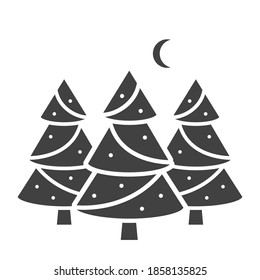 Group of pine trees with moon. Isolated vector illustration. Winter forest pictogram.