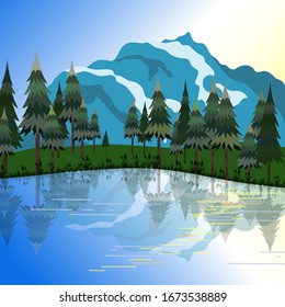 Group of pine trees reflected in calm still water with mountains on a background...