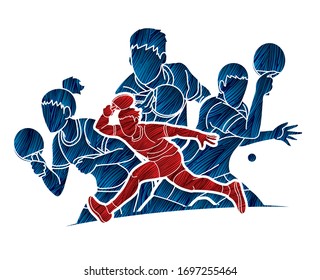 Group of Ping Pong players, Table Tennis players action cartoon sport graphic vector.