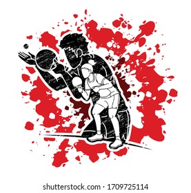 Grupo de jugadores de Ping Pong, jugadores de Mesa Tenis acción caricatura vector gráfico deportivo.