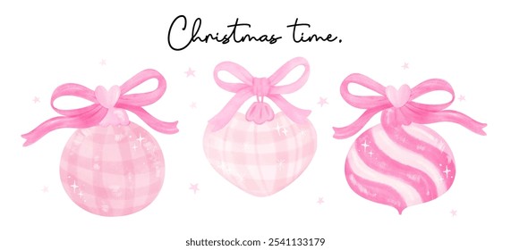 group of Pink Coquette Christmas Ball decoration ornaments with bow Pastel watercolor hand painting banner