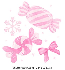 group of Pink Coquette Christmas candy and snow Pastel watercolor hand painting banner