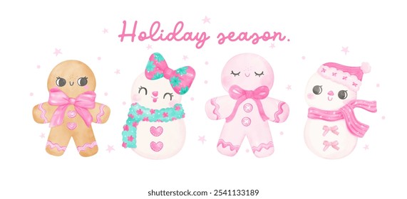 group of Pink Coquette Christmas gingerbrad cookie and snow gilr Pastel watercolor hand painting banner