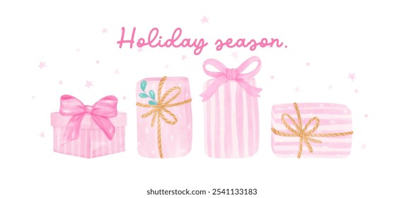 group of Pink Coquette Christmas Present Gift Boxes Pastel watercolor hand painting banner