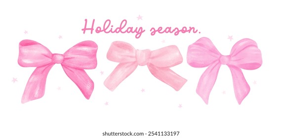 group of Pink Coquette Ribbon Bow Pastel watercolor hand painting banner