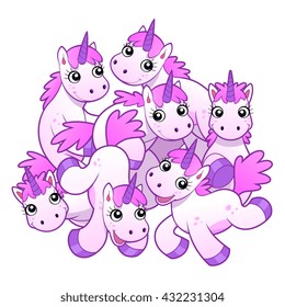 Group of pink cute unicorns on the white background. 