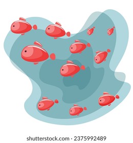 A group of pink fish of different sizes, against the background of a blue sea, water. Cartoon, flat illustration for postcards, books, albums, designs on a marine theme, children's clothing.