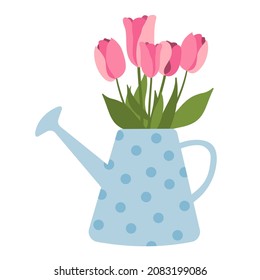 Group of pink tulips in blue watering can. Vector flat illustration. The spring theme of gardening with a bouquet of tulips. Isolated on white background.