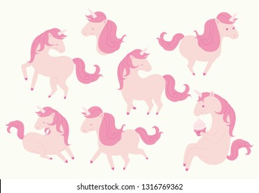 Group of pink unicorns isolated on white background