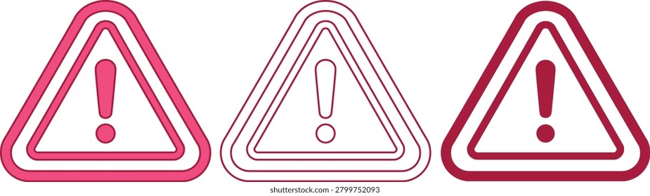 Group of pink warning signs conveying danger alert attention hazard caution and emergency notification.