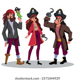 group of pirates in different costumes, woman and man in pirate clothes. vector illustration.