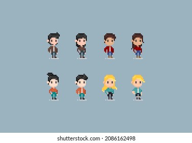 Gruppe von ungeklärten Pixelkunst-Zeichen, männlich und weiblich, Pixelart-Zeichensatz einzeln auf Hintergrund