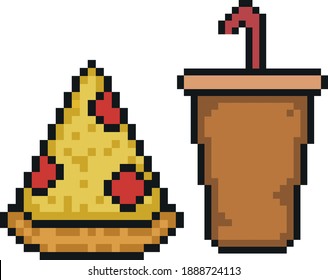 Group of pixel art. Food illustration. Sliced of pizza and coke.