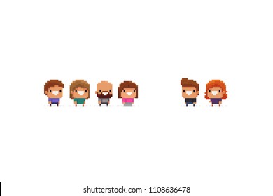 Group of pixel art office characters, male and female, isolated on white background