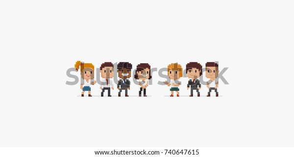 Group of pixel art office characters, male and\
female, isolated on white\
background