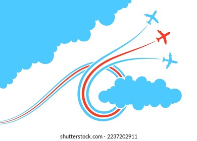 A group of planes draws a loop around the cloud, leaving a trail of smoke in the blue sky.