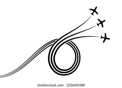 Un grupo de aviones traza un círculo, dejando un rastro humeante en el cielo.