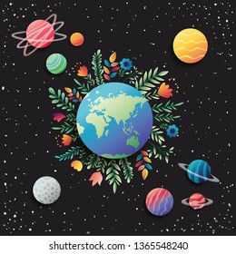 group of planets with floral decoration