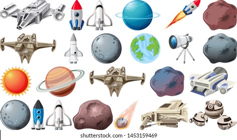 Group of planets and space obejcts illustration