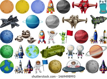 Group of planets and space obejcts illustration