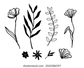 Group of plant objects. Stems with leaves and flowers. Flat vector illustration hand drawn, eps10