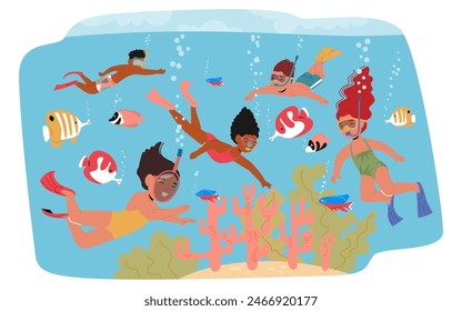 Group Of Playful Children Engaged In An Underwater Snorkeling Adventure. Surrounded By Colorful Tropical Fish, Coral Reefs And Bubbling Water Kids Wear Snorkeling Gear, Full Of Joy And Exploration