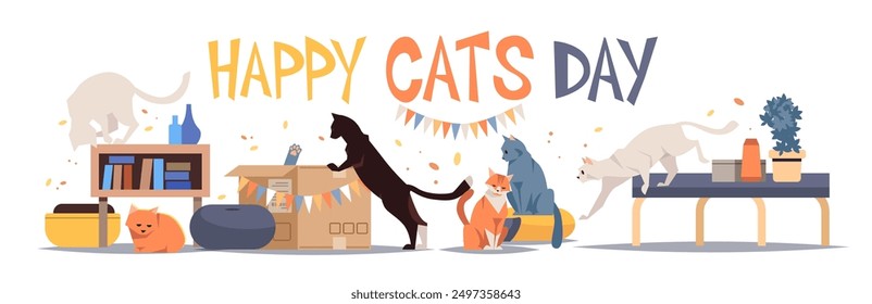 Group of playful different cats on isolated background. Happy cat day vector illustration