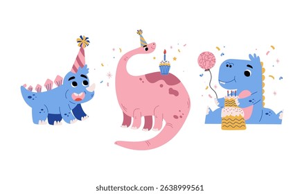 A group of playful dinosaurs is celebrating a wonderfully fun and exciting birthday party