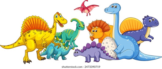 Group of playful dinosaurs in vibrant colors