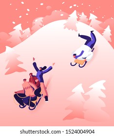 Group of Playful Young People Having Outdoors Fun Riding Sleds in Public City Park or Mountain Resort. Laughing Youth Going Downhills by Sledge at Sunny Winter Day. Cartoon Flat Vector Illustration
