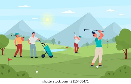 Group playing golf. People on green fields hit ball with sticks, driven in holes, sports outdoor game, mountain landscape, summer outdoor activity, vector cartoon flat isolated concept - Shutterstock ID 2115488471