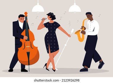 Group playing jazz. Orchestra, musical instruments and quality music. Vocalist, singer, saxophone and double bass. Elite concert, entertainment and performance. Cartoon flat vector illustration