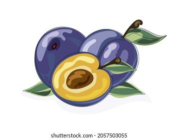 A group of plums, purple fruits with leaves, a plum cut in half with a stone, delicious ripe plums