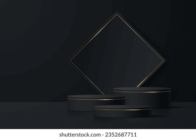 A group of podiums with golden lines on a dark background with a geometric square figure.