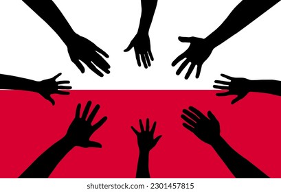 Gruppe von Polen Menschen, die Hand Vektor Silhouette, Einheit oder Unterstützung Idee, Hand sammeln Silhouette auf polnischer Flagge, Teamwork und Zusammengehörigkeit Konzept, Vereinigung der Gesellschaft