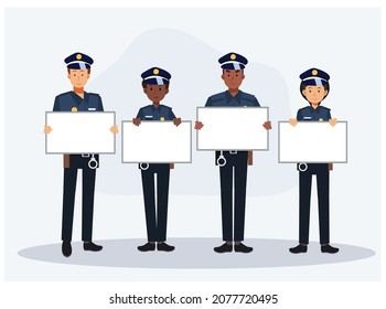 Group of Police are holding blank sign.your text here. Flat vector 2d cartoon character illustration