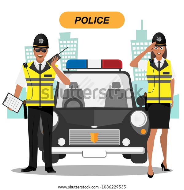 Group of police officers cartoon\
set people character police man and police woman and\
cops\
