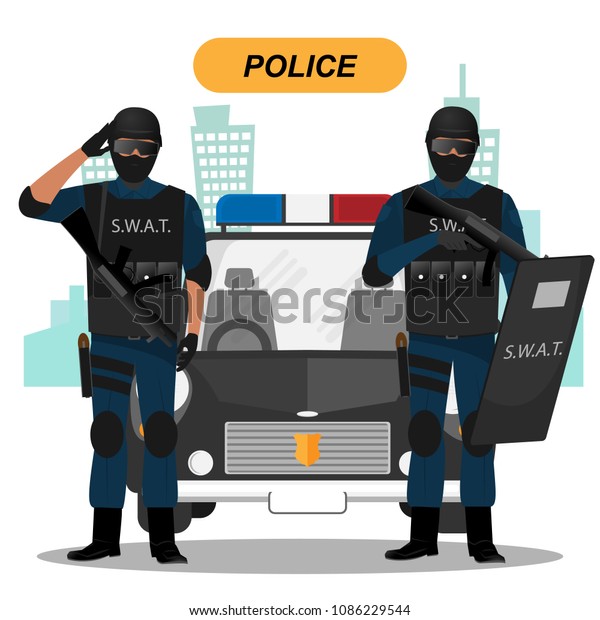 Group of police officers cartoon\
set people character police man and police woman and\
cops\
