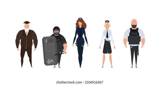 Group of police officers. Police cop and officer security in uniform illustration. Woman and man cops vector characters.
