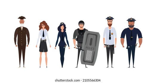 Group of police officers. Police cop and officer security in uniform illustration. Woman and man cops vector characters.