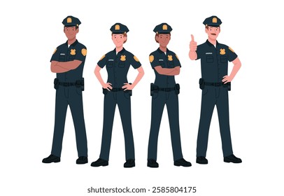 Group of Police Officers. Male and Female Cops in Dark Blue Uniform. Set of Young Diverse Police Officers Flat Vector Isolated on White