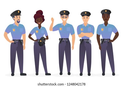 Group of police officers people. Man and woman security guards cops characters vector illustration.