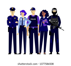 Group of policemen characters isolated on modern background in trendy flat style. City police team. Set of different young officers men and women standing together.