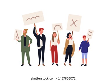 Group of political activists holding banners and placards. People taking part in picketing, mass meeting, parade or rally, demonstration. Protesting men and women. Flat cartoon vector illustration.