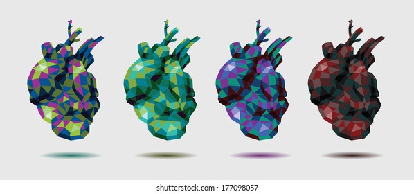 Group of polygonal human hearts, vector illustration