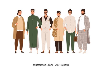 Group portrait of Arab Muslim people. Modern Saudi Arabian men in fashion outfits. Middle East happy males in stylish contemporary clothes. Flat vector illustration isolated on white background