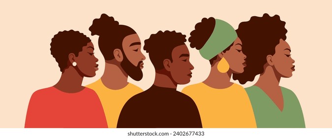 A group portrait of black people. African American men and women. Black History Month. Cartoon, flat, vector illustration